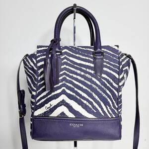 Coach Zebra Print Canvas & Purple Leather Satchel Crossbody Bag Tassel Charm